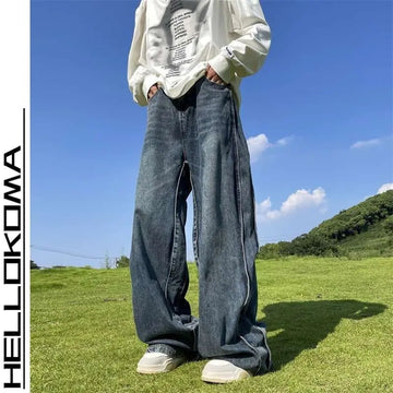 American High Street Jeans Men's Striped Patchwork Denim Pants Summer Loose Straight High-end Retro Versatile Wide-leg Trousers